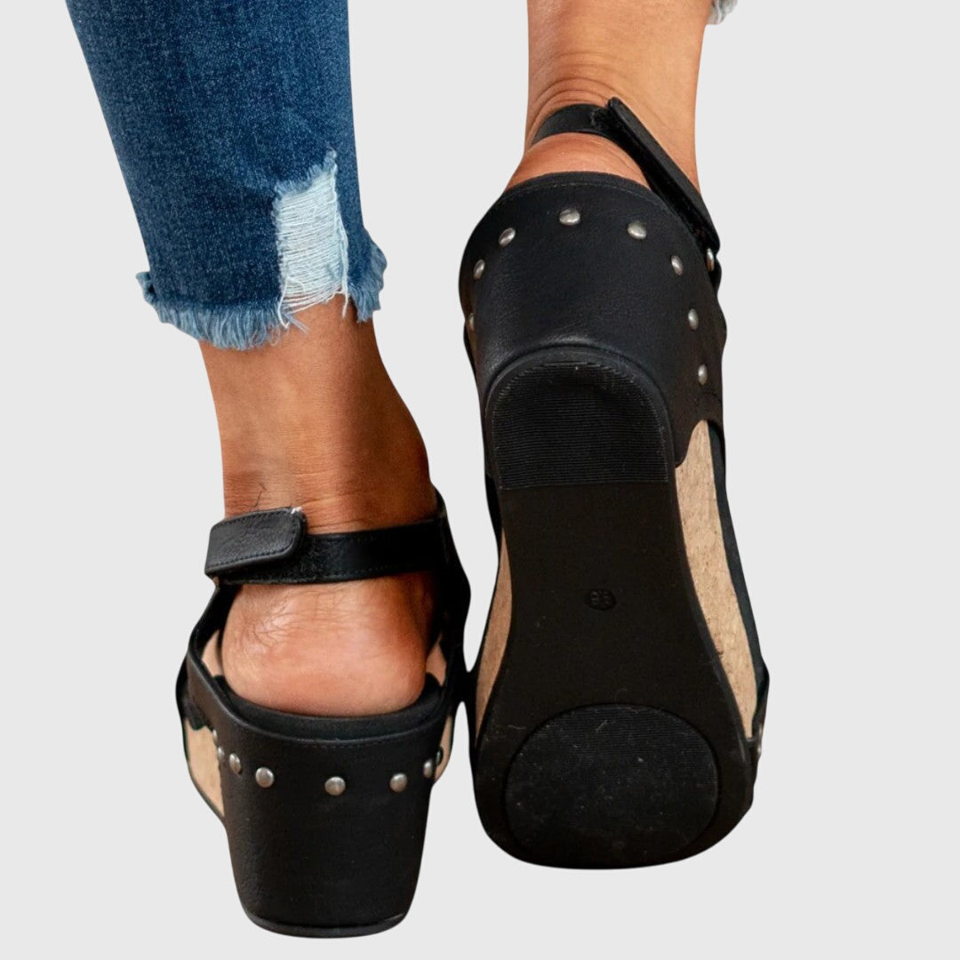 Women sandals with cork wedge heel and adjustable slingback strap