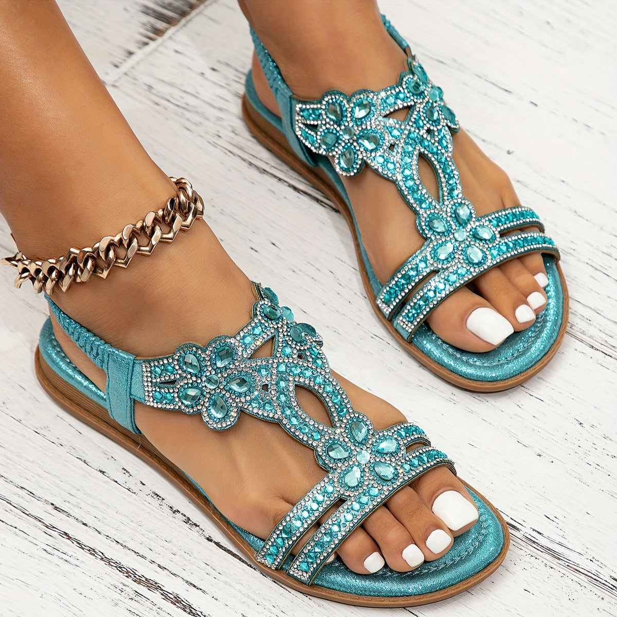 Women sandals with diamante straps and elastic slingback