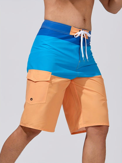 Knee-length board shorts for men with drawstring waist and flap cargo pocket