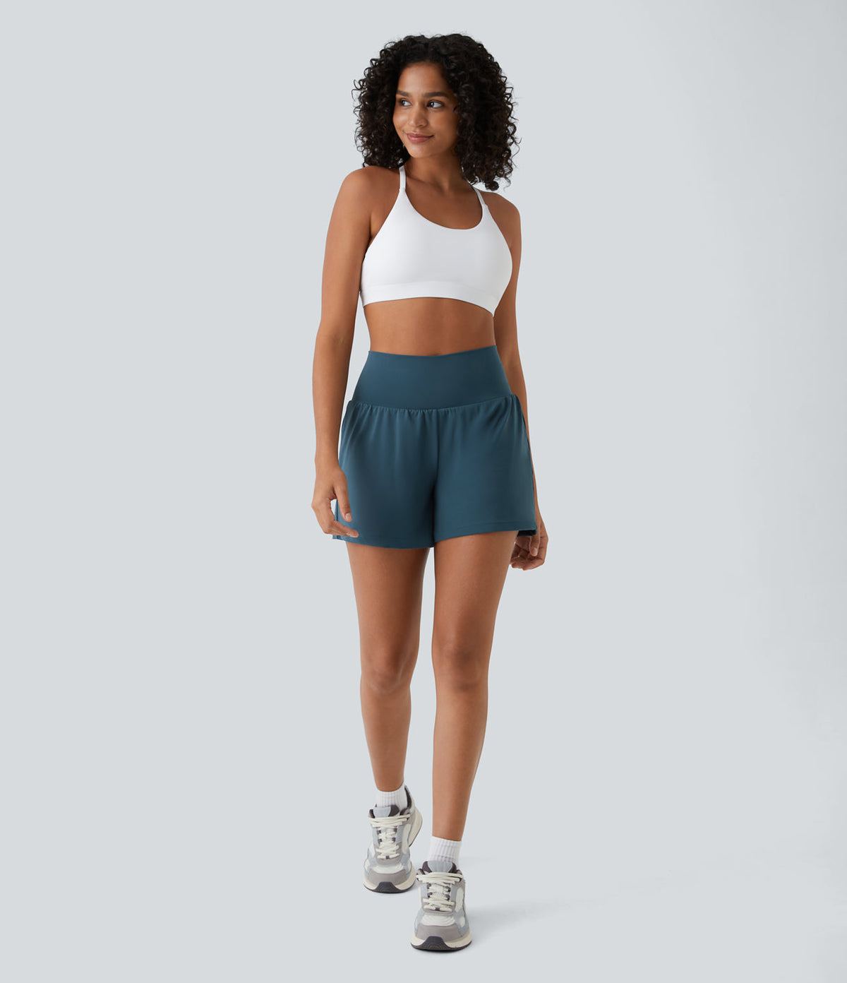 Womens shorts with high waist, 2 in 1 design and side phone pocket