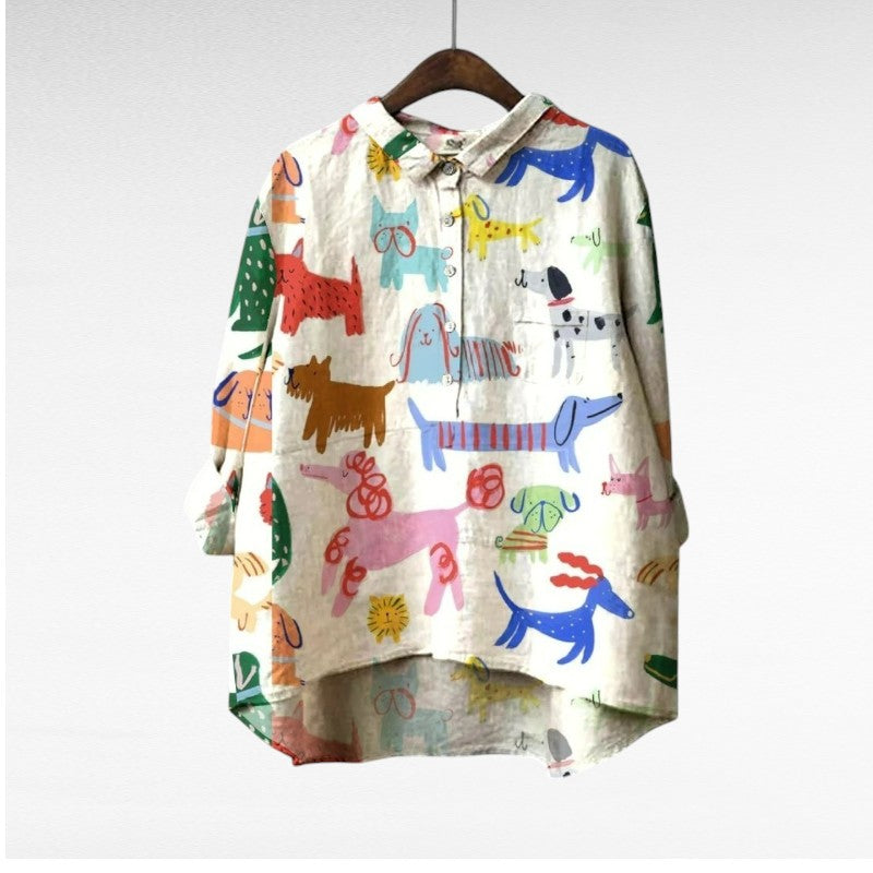 Blouse for women with dog print, long sleeve and half button placket
