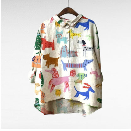 Blouse for women with dog print, long sleeve and half button placket