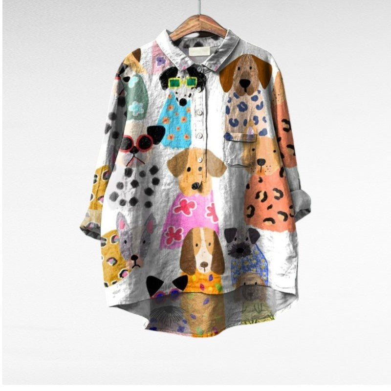 Blouse for women with dog print, long sleeve and half button placket
