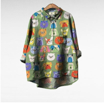 Blouse for women with dog print, long sleeve and half button placket