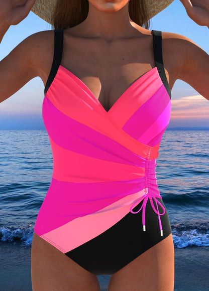 Wrap front one piece swimwear with side drawstring for women