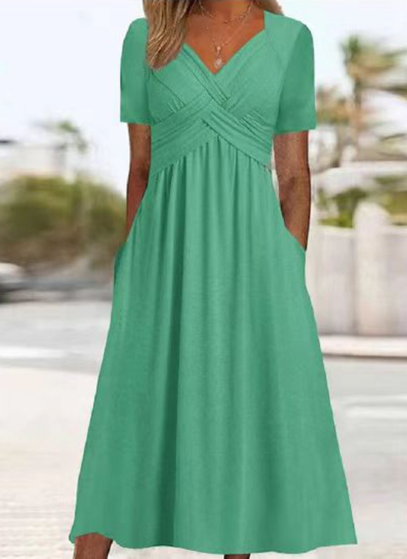 Wrap front midi dress for women with V-neck, gathered high waist and pockets