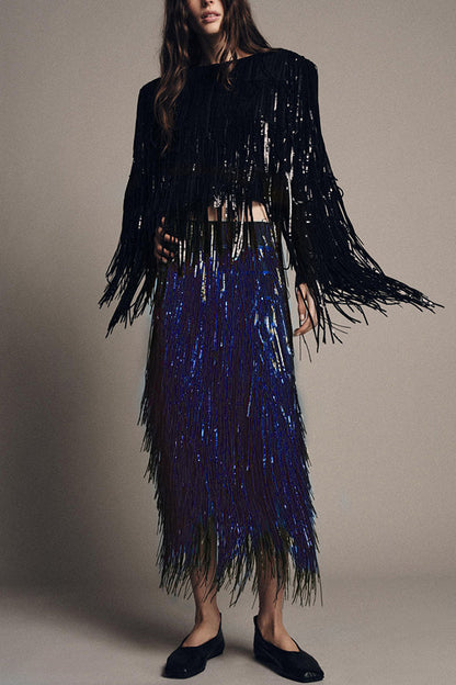 High waist layered sequin fringe midi skirt for women