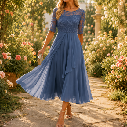 Wedding guest dress for women with lace bodice and 3/4 sleeves