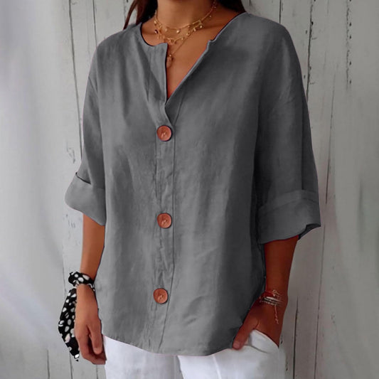 Button up blouse for women with v-neck and three quarter sleeves