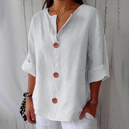 Button up blouse for women with v-neck and three quarter sleeves