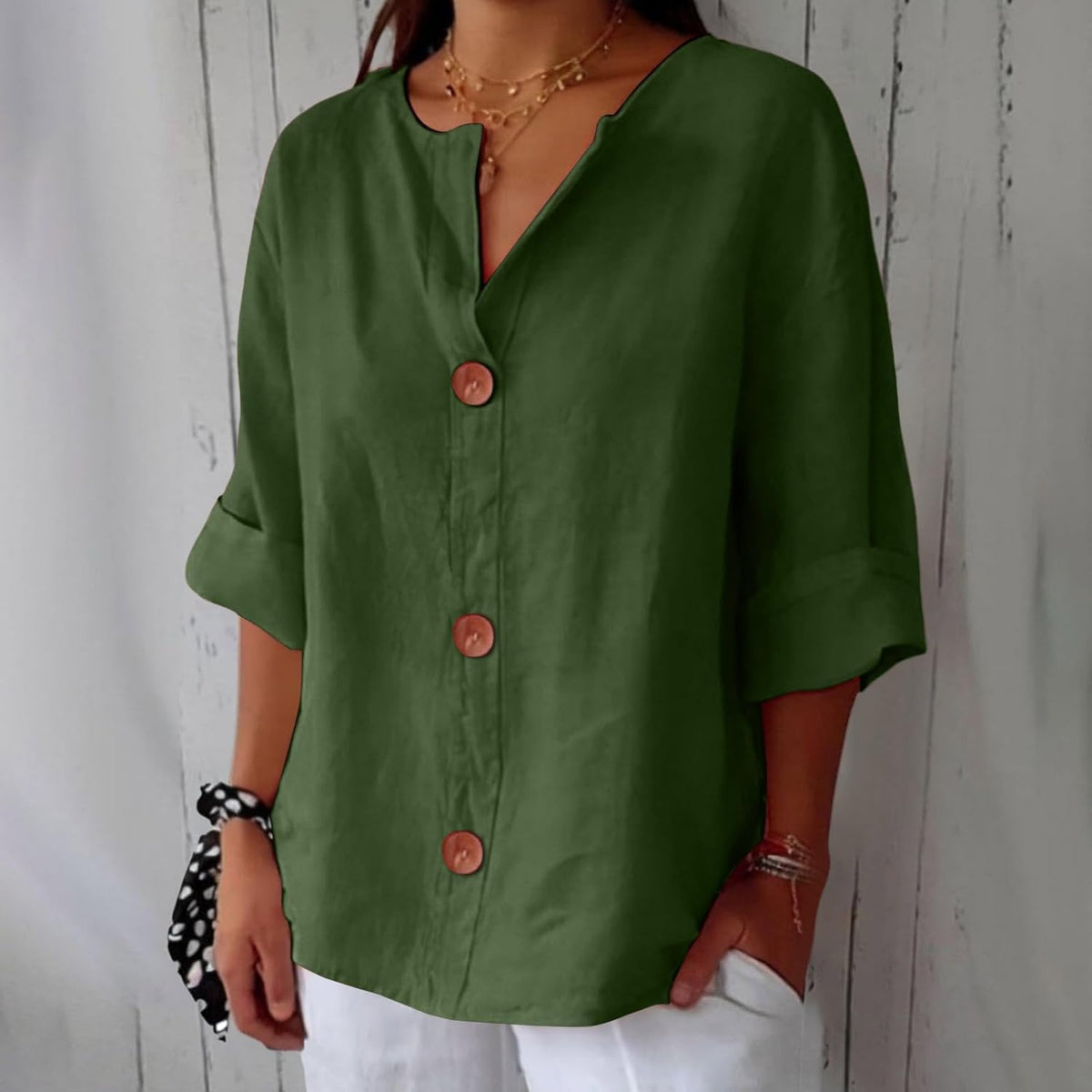 Button up blouse for women with v-neck and three quarter sleeves