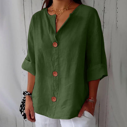 Button up blouse for women with v-neck and three quarter sleeves