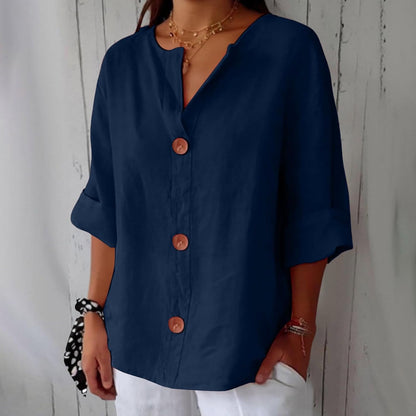 Button up blouse for women with v-neck and three quarter sleeves