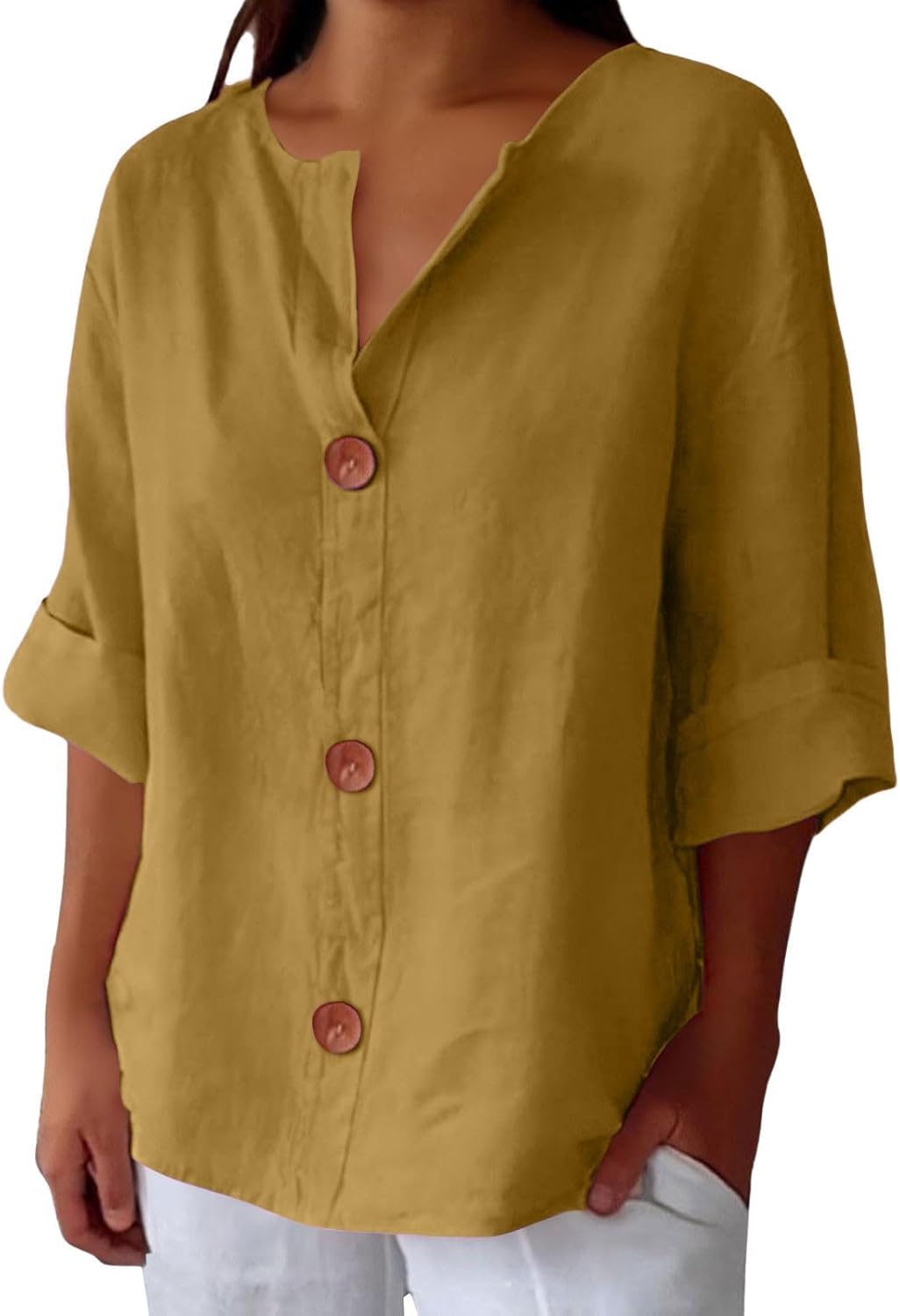 Button up blouse for women with v-neck and three quarter sleeves