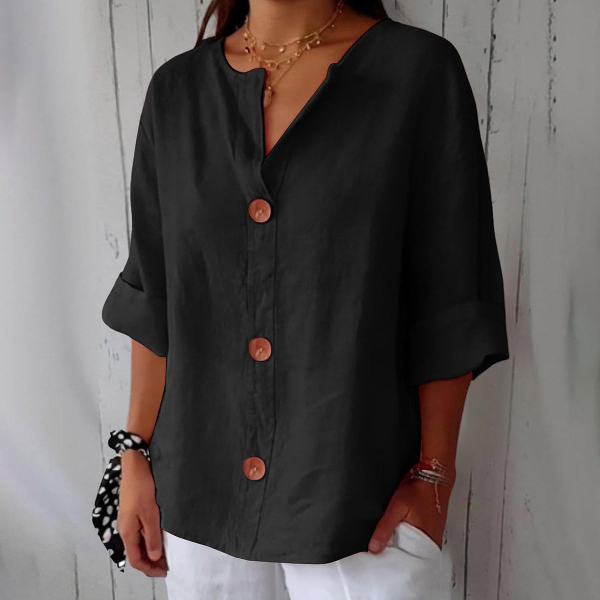Button up blouse for women with v-neck and three quarter sleeves