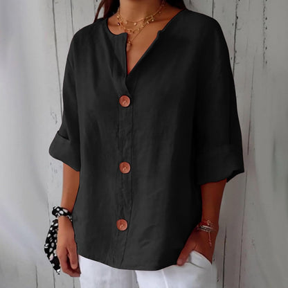 Button up blouse for women with v-neck and three quarter sleeves