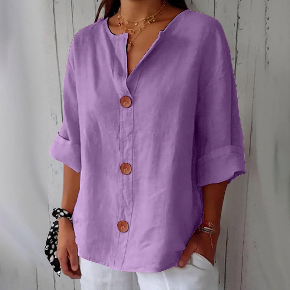 Button up blouse for women with v-neck and three quarter sleeves