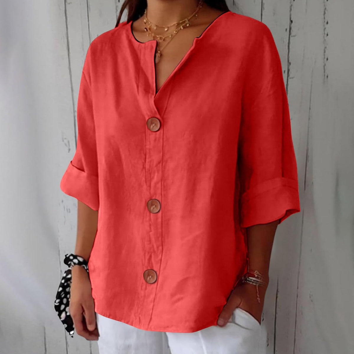 Button up blouse for women with v-neck and three quarter sleeves