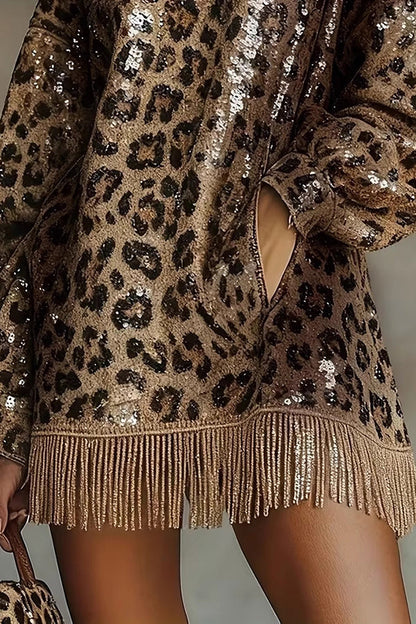 Cocktail dresses for women, high neck sequin mini dress with tassel hem