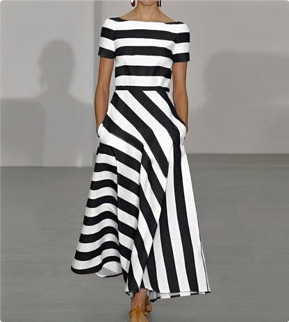 Short sleeve maxi dresses for women with striped pattern and pockets