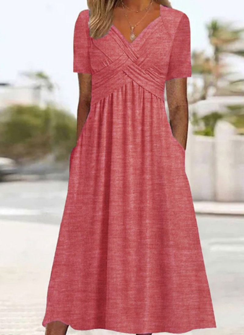 Wrap front midi dress for women with V-neck, gathered high waist and pockets