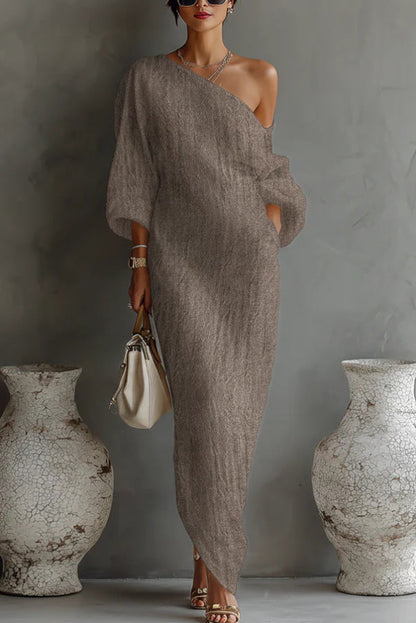 One shoulder maxi dresses for women with lantern sleeves and pockets