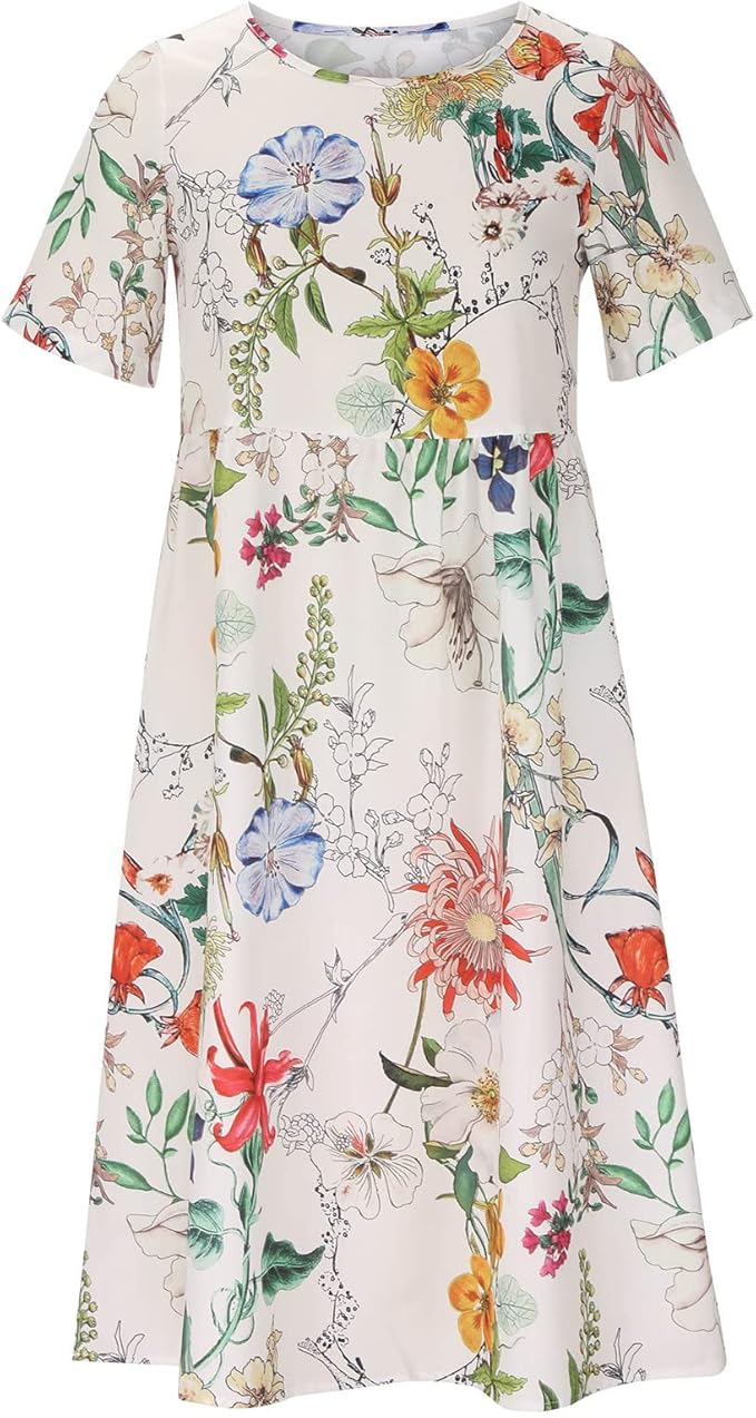 Summer dresses for women, floral midi dress with round neckline and A-line skirt