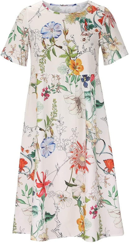 Summer dresses for women, floral midi dress with round neckline and A-line skirt