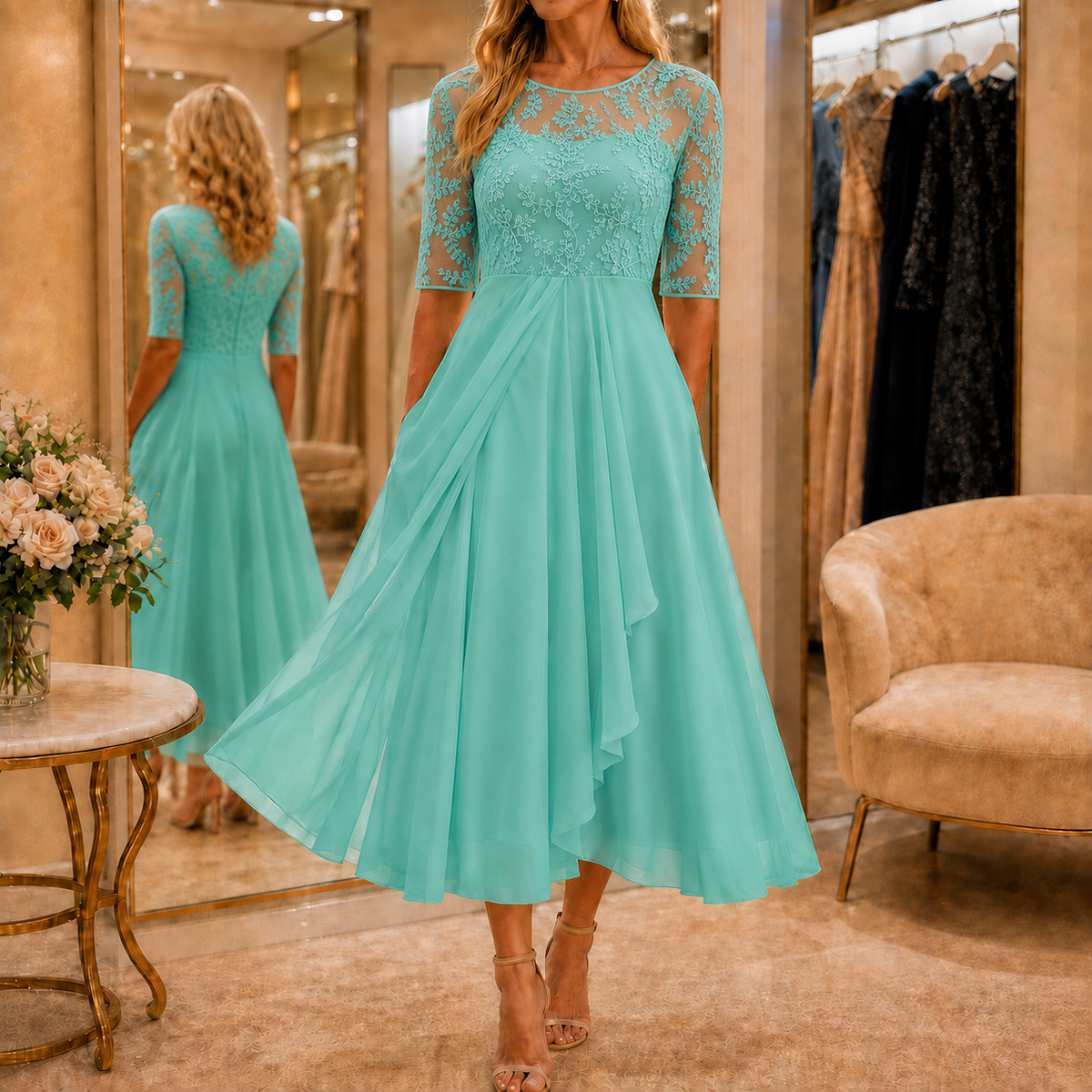 Wedding guest dress for women with lace bodice and 3/4 sleeves