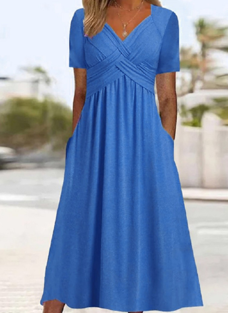 Wrap front midi dress for women with V-neck, gathered high waist and pockets