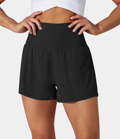 Womens shorts with high waist, 2 in 1 design and side phone pocket