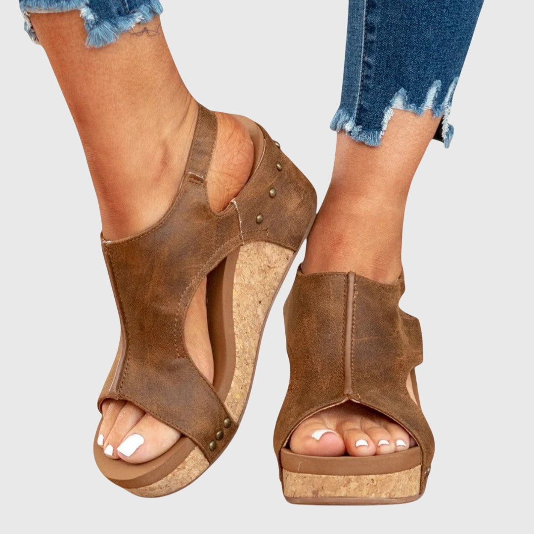 Women sandals with cork wedge heel and adjustable slingback strap