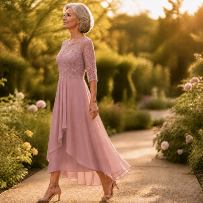 Wedding guest dress for women with lace bodice and 3/4 sleeves