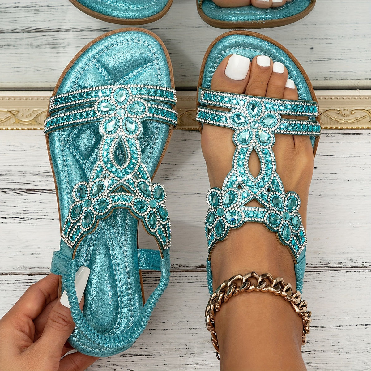 Women sandals with diamante straps and elastic slingback