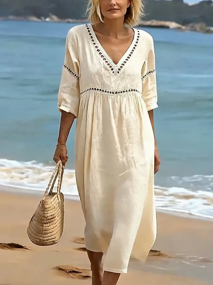 Summer dresses for women, v-neck midi dress with cut-out trim