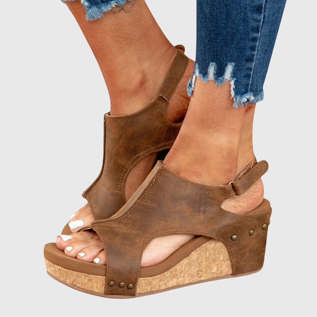 Women sandals with cork wedge heel and adjustable slingback strap