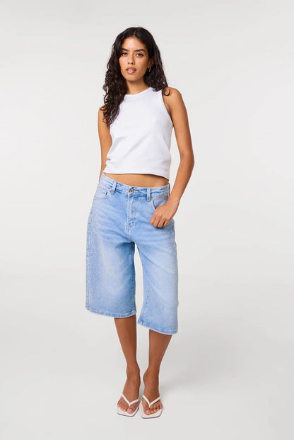 Womens shorts denim bermuda with mid waist and diamante detail