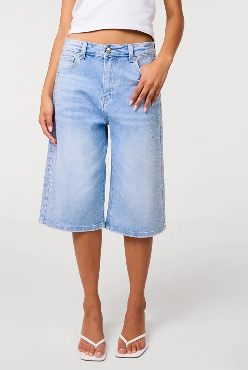 Womens shorts denim bermuda with mid waist and diamante detail