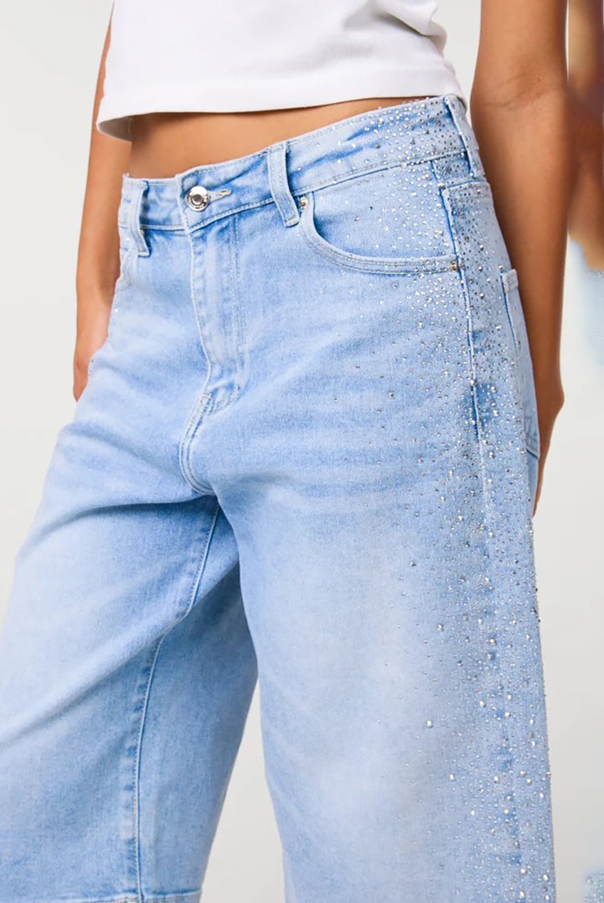 Womens shorts denim bermuda with mid waist and diamante detail