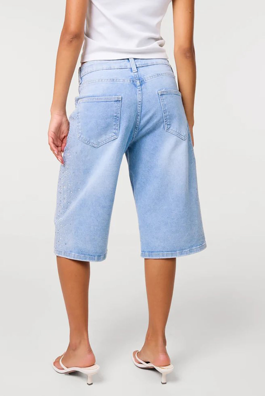Womens shorts denim bermuda with mid waist and diamante detail