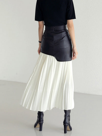 High waist pleated maxi skirt for women with faux leather panel