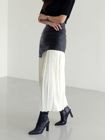 High waist pleated maxi skirt for women with faux leather panel