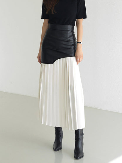 High waist pleated maxi skirt for women with faux leather panel