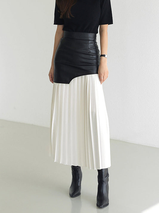 High waist pleated maxi skirt for women with faux leather panel