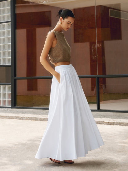 Pleated maxi skirt for women with high waist and side pockets