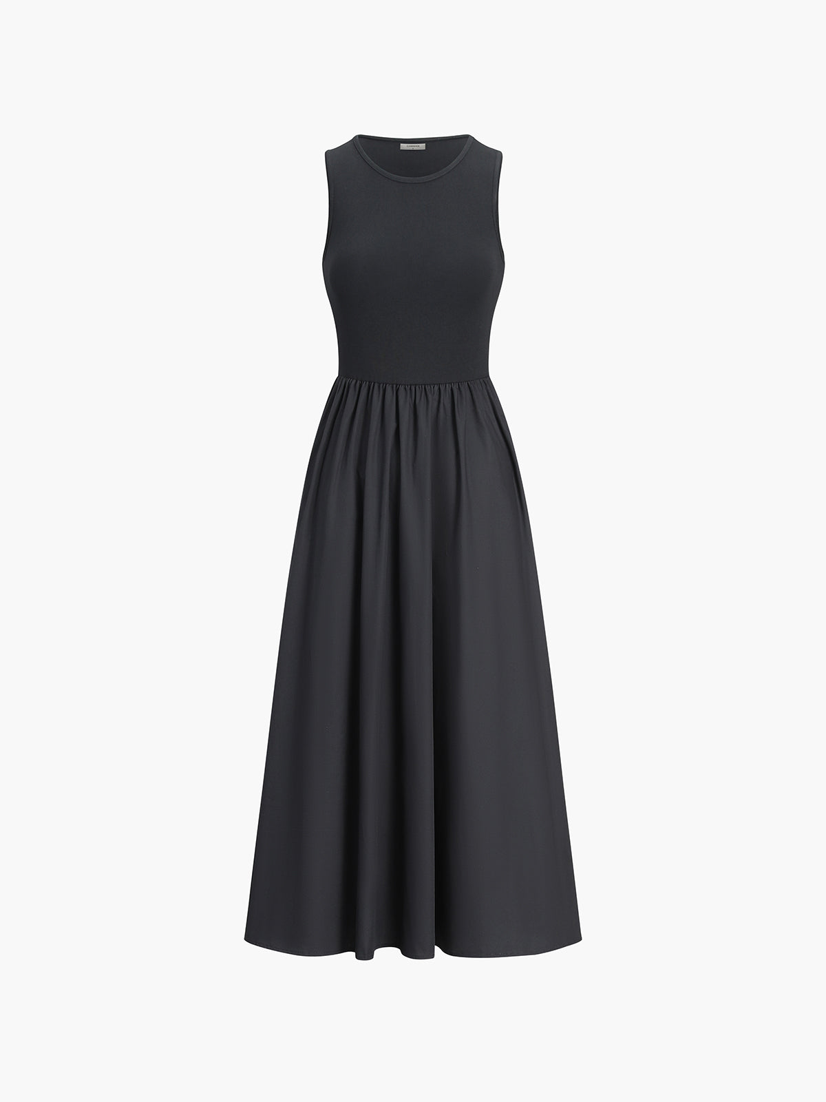 Sleeveless maxi dresses for women with crew neck and gathered skirt