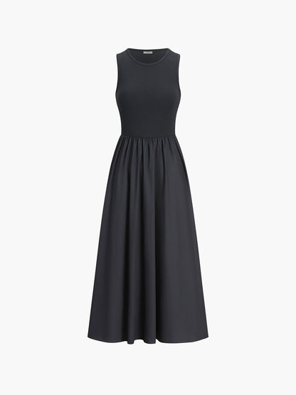 Sleeveless maxi dresses for women with crew neck and gathered skirt