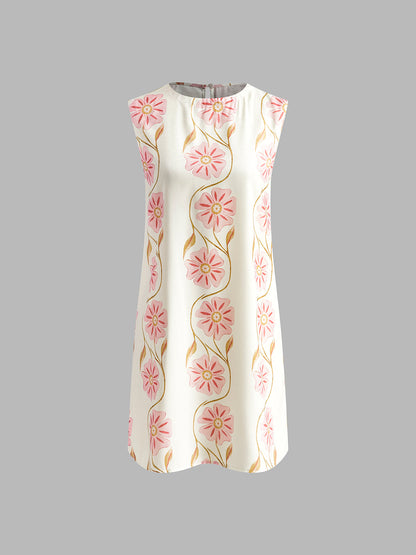 Floral print summer dresses for women with sleeveless crew neck mini