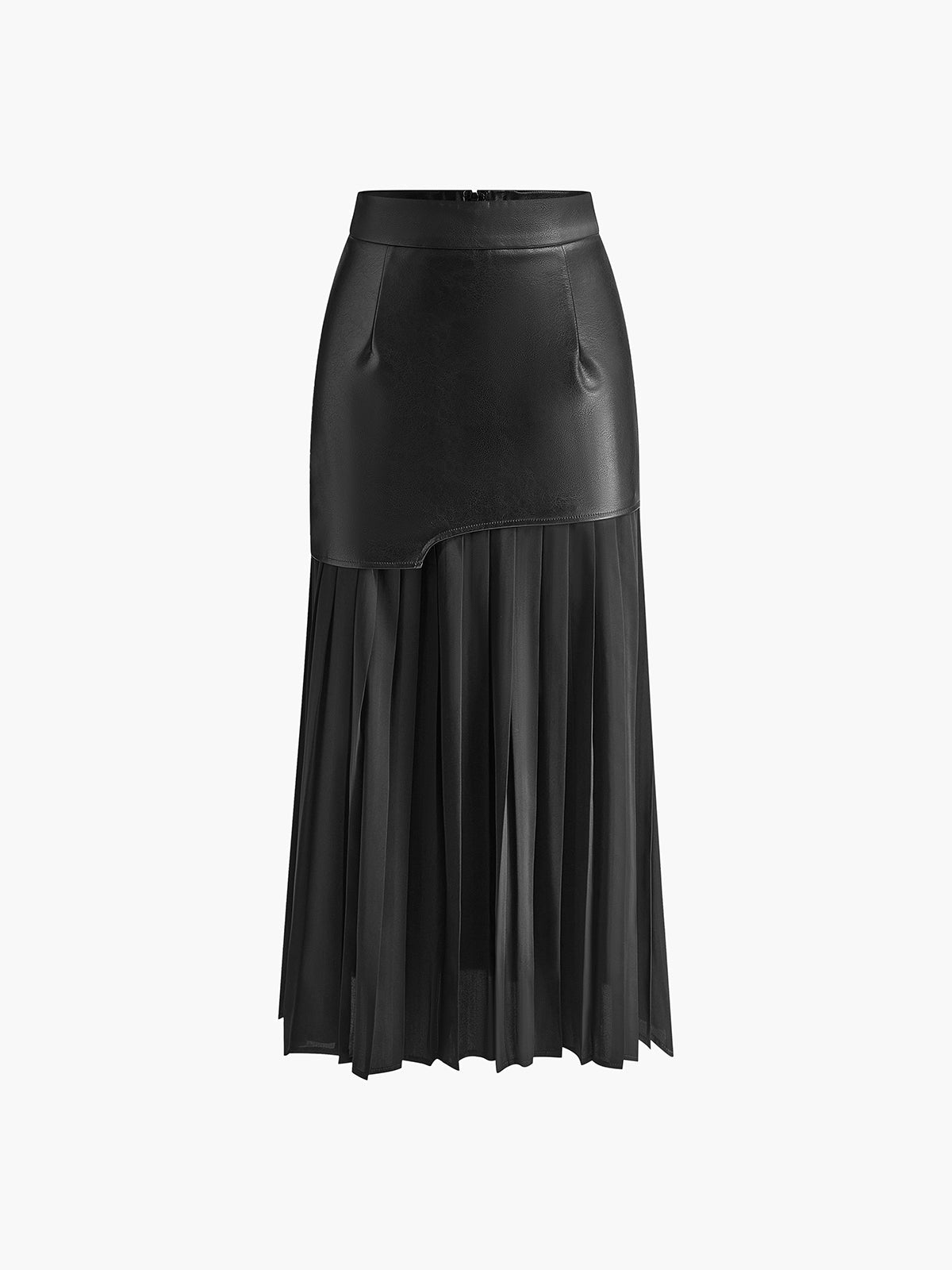 High waist pleated maxi skirt for women with faux leather panel