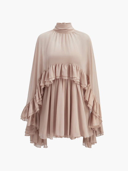 Mock neck mini dress with ruffle trim and cape overlay for women